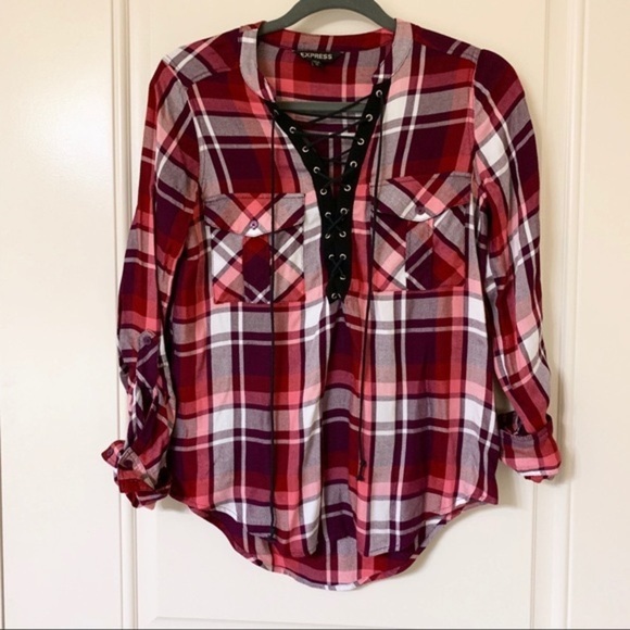 EXPRESS Red Lace-Up Plaid Check Long-Sleeve Blouse Shirt - Picture 2 of 4